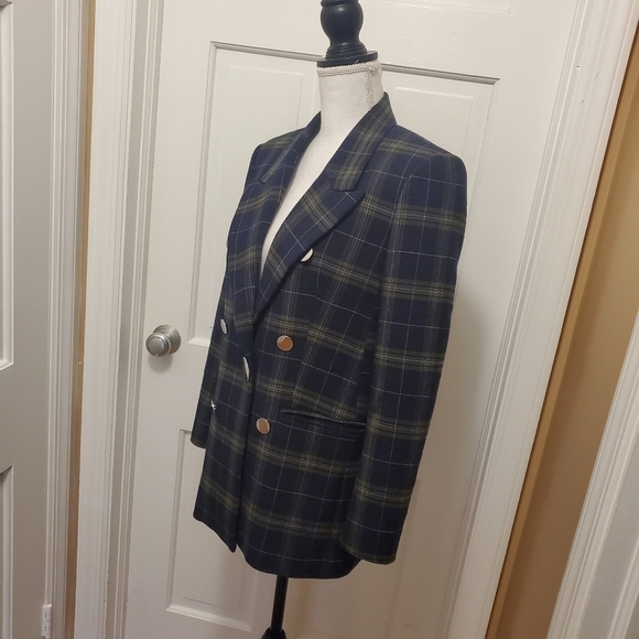 Navy Plaid Fully Lined Career Blazer Medium NavyGreen Classic - Picture 4 of 12
